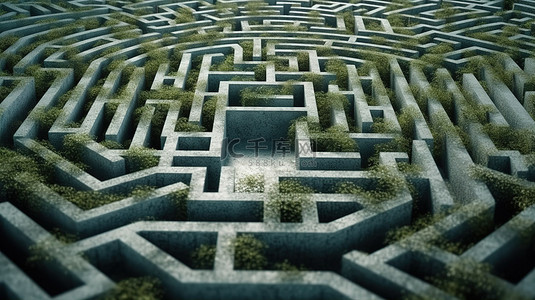 ai迷宫背景图片_一棵孤独的绿树，周围环绕着神秘而复杂的混凝土迷宫极端特写 3D 渲染
