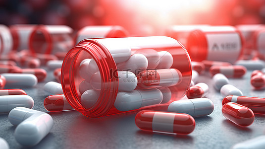 医院的背景背景图片_红色和白色胶囊药物的三维渲染