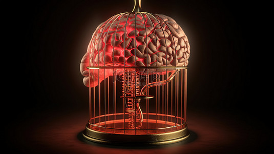 被困在笼子概念中的大脑的 3D 渲染