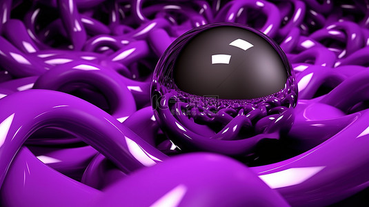 粉紫色丝带背景图片_带有闪闪发光的 3D 金属球的紫色抽象带状波浪