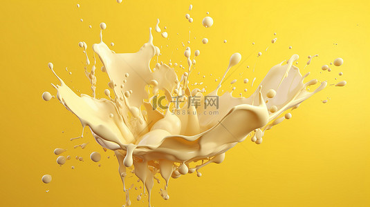 黄色背景增强了牛奶飞溅的 3d 渲染