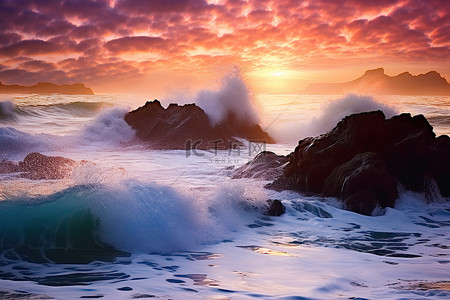 海上的日出伴随着汹涌的海浪
