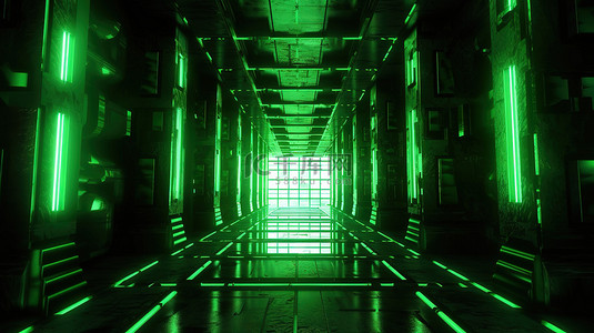 具有工业或外星氛围的网格和绿光背景的 3D 渲染