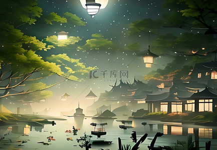 竹子文字框背景图片_夜色中国风插画