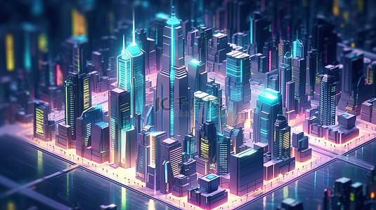 具有高耸摩天大楼的未来网络城市的等距插图