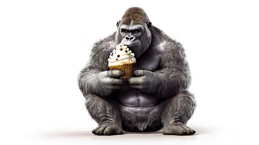 动慢搞笑动图背景图片_搞笑的 3D 猿抓着纸杯蛋糕