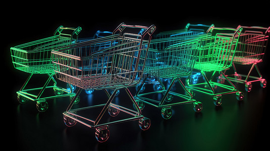 购物车图标背景图片_3D 渲染霓虹灯中发光的购物车图标