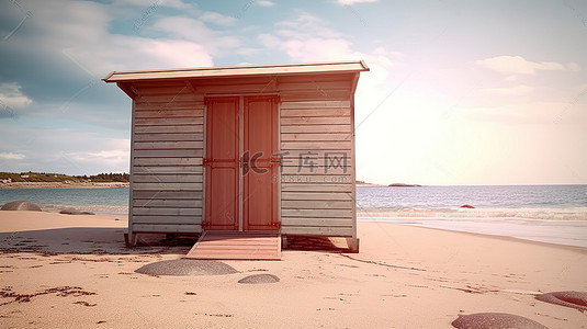 避暑旅游背景图片_海滩上传统木制芬兰桑拿小屋的 3D 渲染，采用红外技术和特写细节