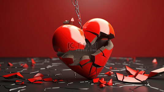 3D 插图描绘了心碎的分居和离婚与破碎的心概念