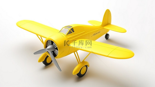 一个白色的孤立背景，展示了一个 3D 渲染的微型黄色飞机玩具