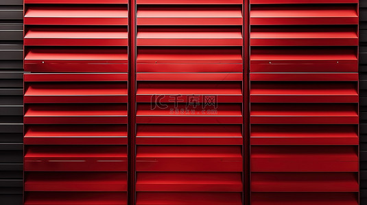 红色水平金属面板中的平行百叶门墙背景 3D 渲染图像