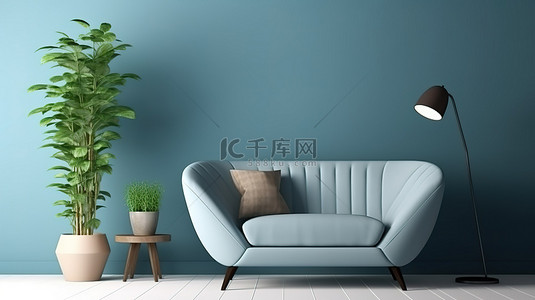 蓝色客厅墙上海报的 3D 渲染，配有织物扶手椅咖啡桌和花瓶