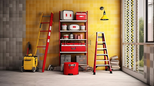 带梯子工具箱和工具的房间的 3D 插图
