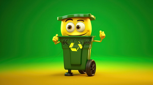 黄色背景上带有交通灯和垃圾箱的绿色回收吉祥物的 3D 渲染