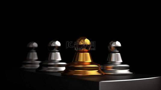 在讲台上获胜 黑色背景上金银和青铜棋子的 3D 插图