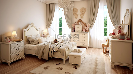 3d渲染传统背景图片_带床和梳妆台的传统儿童卧室 3D 渲染