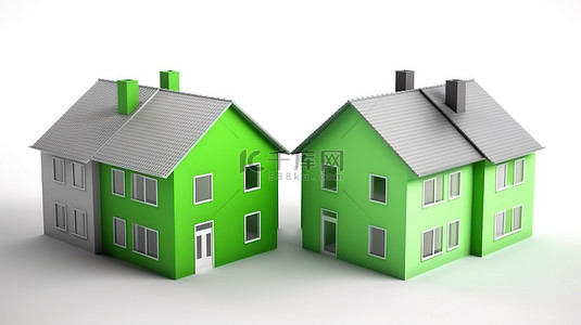 白色背景，带有两座灰色房屋和一个中央绿色房屋，采用 3d 渲染