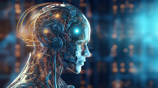 渲染的机器人或带有电路大脑的机器人描绘人工智能技术概念