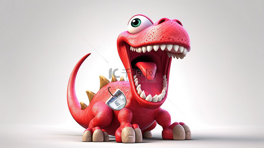 卡通牙背景图片_有趣的 3D 红色恐龙人物握着一颗大牙齿