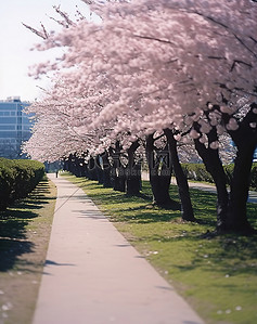 公园里的小路两旁盛开着许多樱花