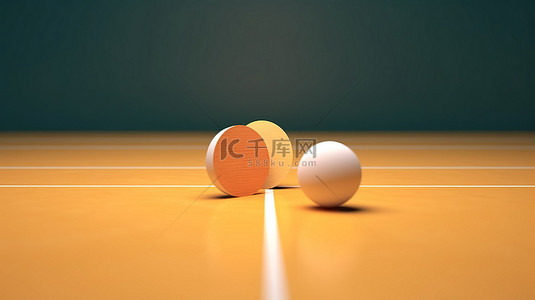 乒乓球主题游戏桌的 3D 渲染图像，球和球拍为双色