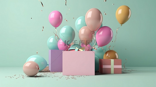 生日快乐并祝贺 3D 气球哑光饰面闪闪发光的五彩纸屑和柔和的礼品盒庆祝活动