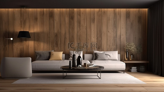 木墙和桌子装饰点缀着客厅的 3d 渲染