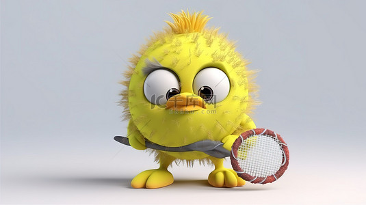 网球卡通人物背景图片_一个可爱的年轻女孩打网球的白色 3D 渲染图像