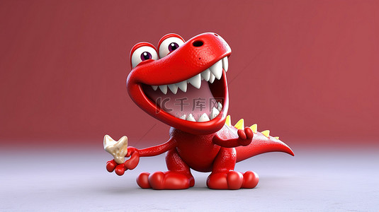 卡通牙背景图片_有趣的 3D 红色恐龙人物抓着一颗牙齿