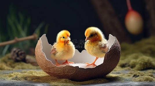 破裂鸡蛋背景图片_新生小鸡从鸡蛋中出现 3D 渲染的复活节场景