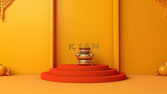 黄色背景，空荡荡的讲台为中国新年 3D 渲染图像