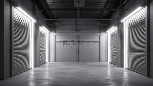 打开的卷帘门显示 3D 渲染的仓库内部