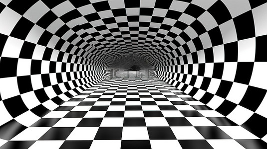 格子黑色白色抽象背景 3d 渲染上的幻觉隧道