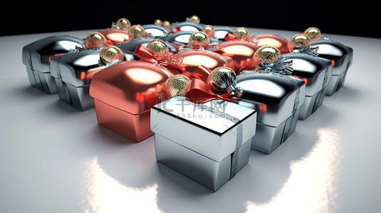 派对场景背景图片_节日 3D 圣诞节和新年派对场景，配有礼品盒丝带和圣诞球