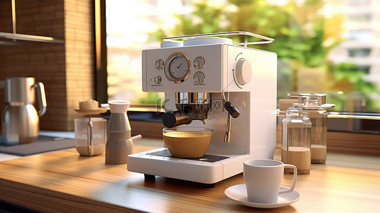 白色水煮背景图片_家用自动咖啡机的 3D 可视化和插图