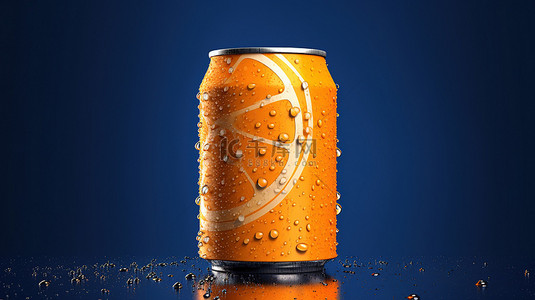 蓝色背景的 3D 渲染，金属罐橙色饮料和冷凝滴