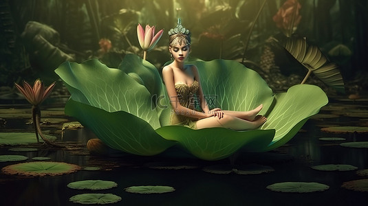 插画女女背景图片_迷人的 3D 插画自然仙女在荷叶上放松