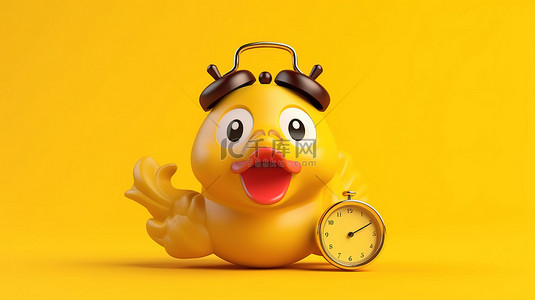 3D 渲染迷人的黄鸭人物吉祥物，在充满活力的黄色背景上拿着闹钟