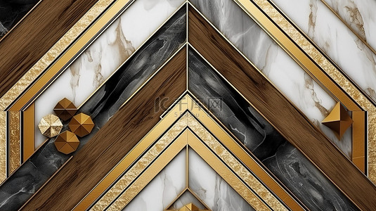 现代 3D 壁纸，带有锯齿形金线大理石木材和棕色形状