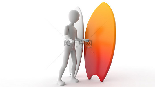 现代冲浪板，在 3d 渲染的白色背景上有一个 3d 小人
