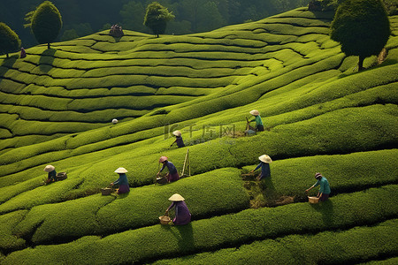 正在工作的人背景图片_人们正在采摘茶叶的茶园