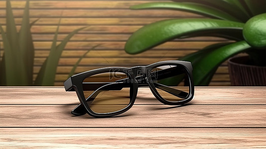 黑色眼鏡背景图片_3D 渲染的木桌上时尚的黑色塑料框太阳镜