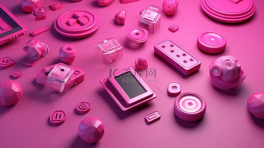 粉红色背景上 3D 插图中的一组媒体播放器按钮