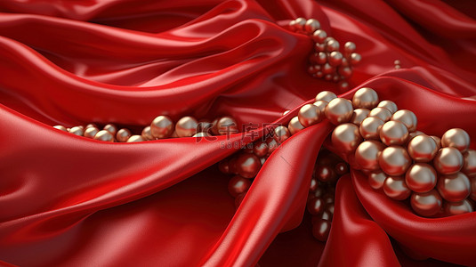 豪华的红色织物背景纹理装饰着闪闪发光的金色珍珠 3D 渲染