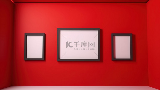 红色背景上的空图片 3D 渲染空白相框挂在画廊墙上