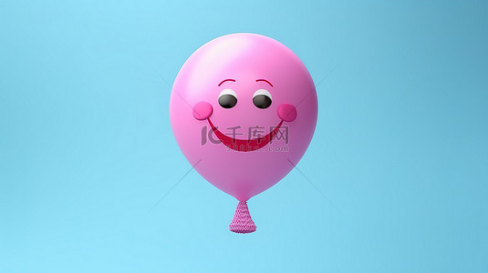 气球热气球装饰背景图片_蓝色 3D 背景下粉红色热气球上快乐的笑容