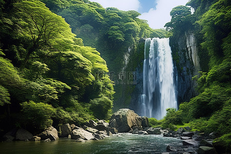 树木环境背景图片_郁郁葱葱的环境中的瀑布，背景是高大的树木