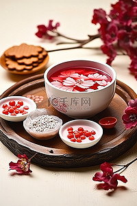布丁红豆背景图片_红豆汤和其他甜点以及中式餐具