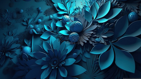 玫瑰花3d背景图片_抽象蓝色 3d 渲染背景上的花卉点缀