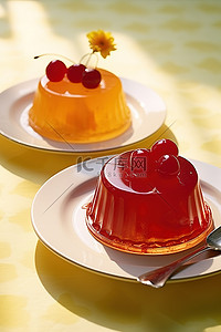 两种颜色的明胶甜点放在盘子上